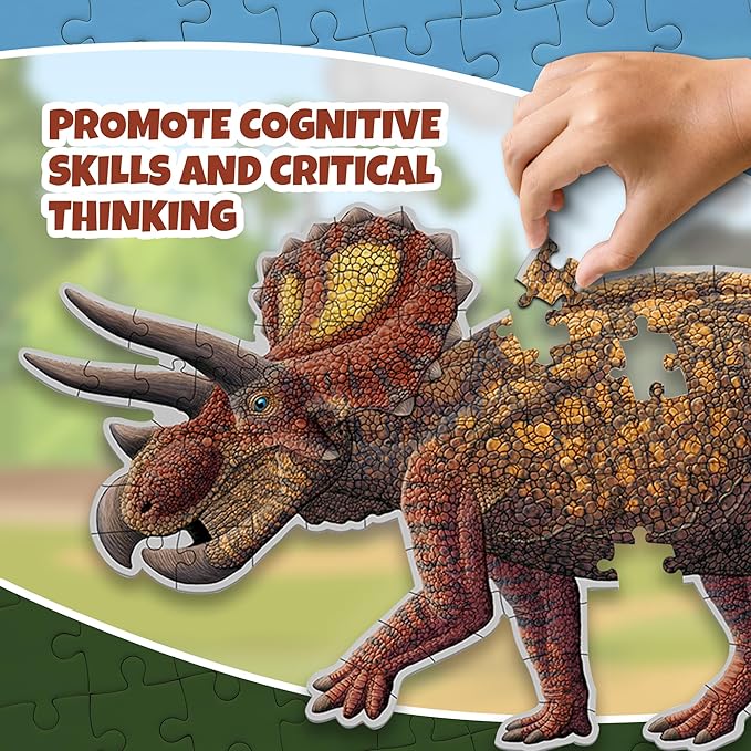 Triceratops Dinosaur Jigsaw Puzzle | 100-Piece Double Sided Floor Puzzle with Glow-in-The-Dark Skeleton On Other Side | 4 FT Scientifically Accurate Dino Illustration | Educational Toy for Kids