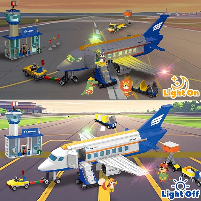 Airplane Set Building Toys with LED Light, 3 IN 1 Plane City Passenger Building Blocks with Airport Terminal, Luggage Trailer, Aircraft, Airplane Toy Sets for Kids, Boys, Girls Age 6-12, Birthday Gift