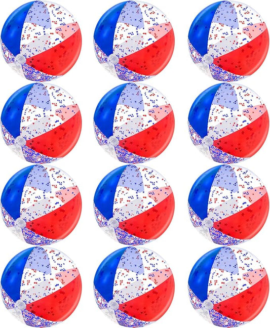 TURNMEON 12 Pack Inflatable Patriotic Beach Ball Bulk 16" Pool Toys Balls with White Red and Blue Stars Glitters Clear Beach Balls Summer Swimming Pool Game Water Beach Toy 4th of July Party