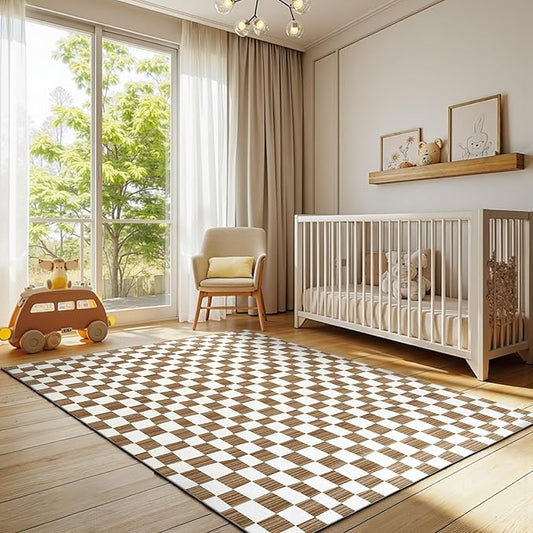 jinchan 5x7 Brown Checkered Area Rugs for Kids Room - Machine Washable Rug Modern Neutral Geometric Lattice Soft Non-Slip Carpet for Nursery Playroom Living Room Bedroom Dining Room Home Office