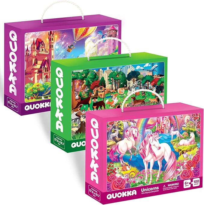 QUOKKA 100 Piece Puzzles for Kids Ages 8-10 – 3XSET Puzzles for Kids Ages 4-6 – Search & Find Mermaids Unicorns Kid Activities Included for 5-8 Year Old – Toddler Learning Toy Game Gift for Girls