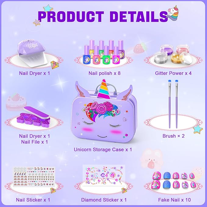 Kids Nail Polish Set for Girls, Quick Dry Nail Art Salon Kit with Nail Dryer and Peelable Nail Polish,Ideal Gift Toys for Girls Age 3-12