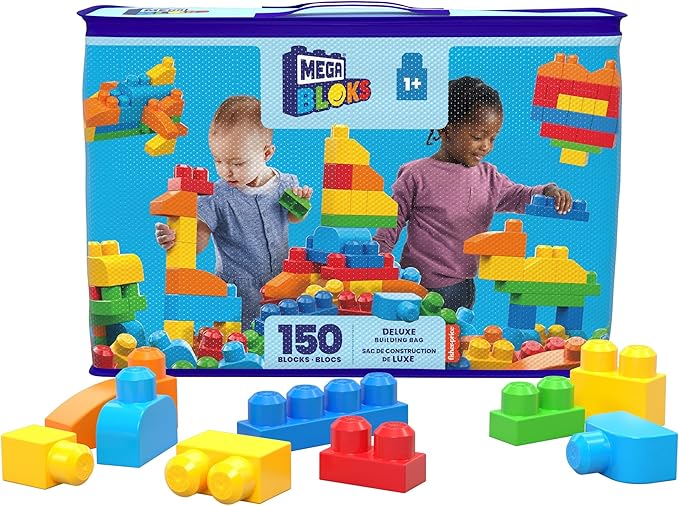 Mega BLOKS First Builders Deluxe Building Bag + ABC Musical Train, Building Set Bundle, Blue Bag, 200 Pieces