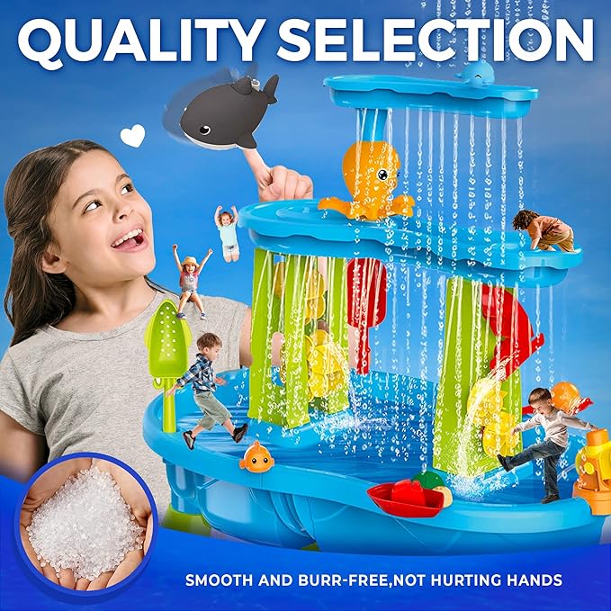 BELLOCHIDDO Water and Sand Table with Water Pumb & Umbrella - Summer Toys 3-Tier Kids Water Play Table, Outdoor Toys for Boys Girls