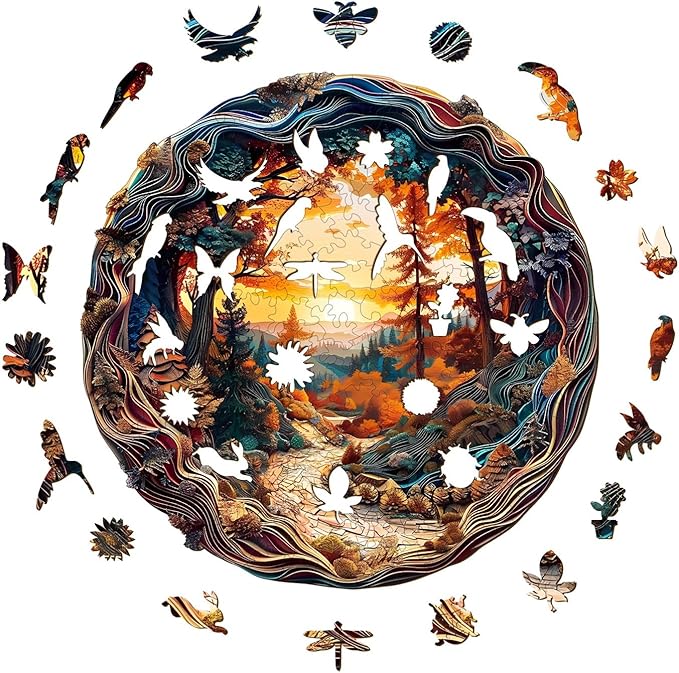 KAAYEE Wooden Puzzles for Adults 100 Pieces Visual 3D Forest Sunset Wooden Jigsaw Puzzles Wood Puzzle Gifts for Mother's Day Adult Kids Landscape Puzzle(8.5 * 8.4in)