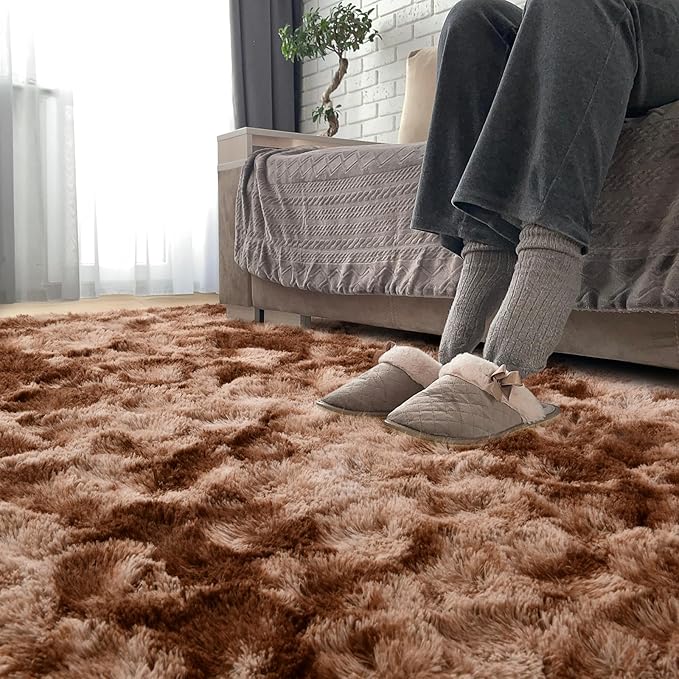 Vocrite Fluffy Area Rugs for Living Room, 5x8 Ft Large Shag Bedroom Rug, Shaggy Plush Anti-Skid Carpets, Fuzzy Furry Soft Faux Fur Rugs, High Pile Rug for Dorm Kids Room, Tie Dye Brown