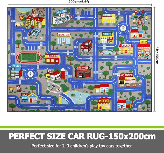 Capslpad Blue Car Road Kid Rug Carpet Playmat for Playoom Traffic Road Kids Play Mat for Toddler Non Slip Washable City Map Race Track Carpet Rug for Kids Room Bedroom Nursery Room Decor,5'x 6'6"