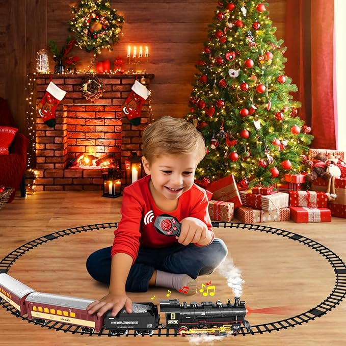 Hot Bee Train Set for Boys,Remote Control Christmas Train Sets w/Steam Locomotive,Light Passenger Cars & Tracks,Trains Toys w/Smoke,Whistle & Lights,Christmas Toys Gifts for 3 4 5 6 7 8+ Year Old Kids