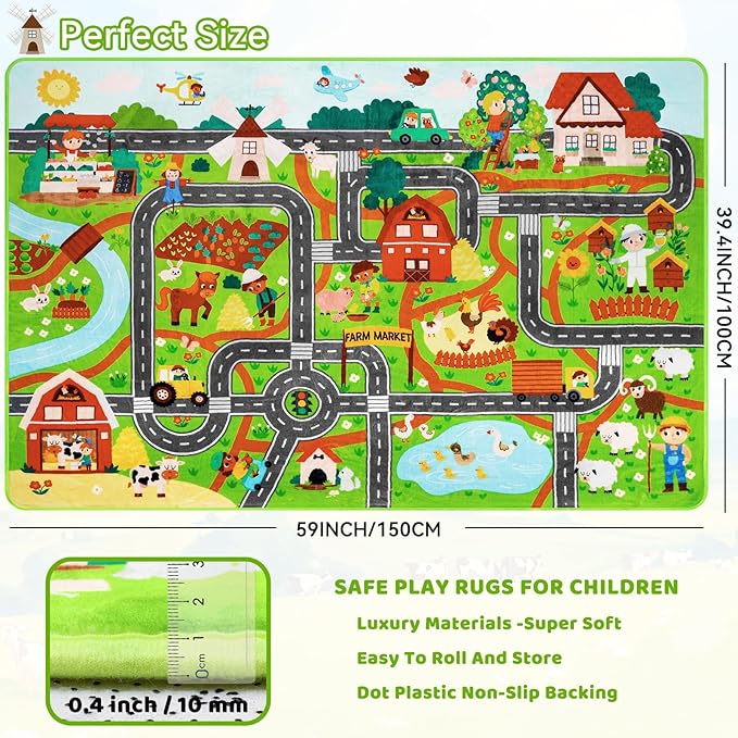 Kids Rug Play Mat for Toy Cars, 39.4" × 59" Farm Life Road Traffic for Playroom Kids Car Road Rugs Village Map Play Mat Non-Slip Washable Play Rug for Toddlers Boys Room Family Tummy Time Playtime