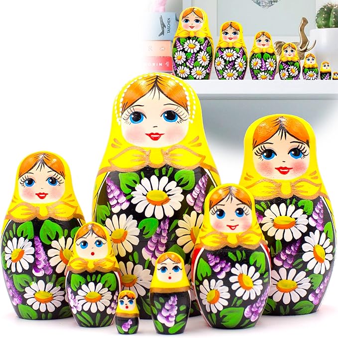 AEVVV Russian Matryoshka Dolls Set of 7 pcs - Russian Dolls in Sarafan Dress with Hand Painted Chamomile and Lilac Flowers - Russian Matreshka