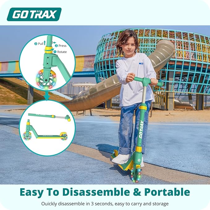 Gotrax K03 Kick Scooter for Kids, 5" LED RGB Lighted Wheels, 4.6 Lbs Lightweight and One-Click Detachable Design, Height Adjustable Handlebars, Anti-Slip Deck and Max Load 110 Lbs for Boy&Girl Age 3+