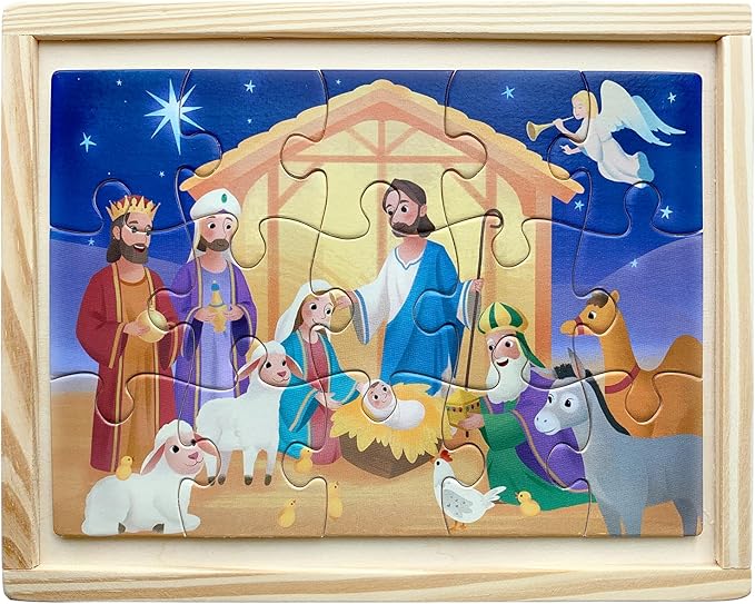 Bible Themed 4-in-1 Wooden Jigsaw Puzzles in Box, 15 Piece Each, Christian Religious Nativity Toys for Kids, Easter Christmas Puzzle for Kids (New Testament)