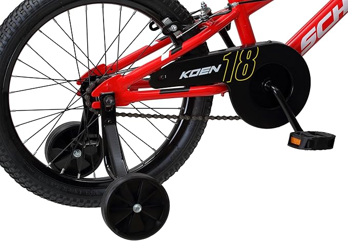 Schwinn Koen BMX Style Toddler and Kids Bike, For Girls and Boys, 18-Inch Wheels, With Training Wheels, Chain Guard, and Number Plate, Recommended Height 42-52 Inch, Red