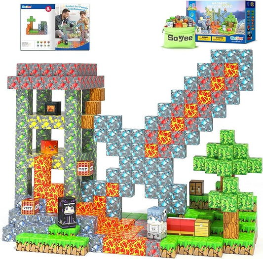 Magnetic Blocks - Build Mine Magnet World Forest Mine Set Magnet Building Blocks Kids Toys for 3+ Year Old Boys & Girls 1'' Magnetic Cubes STEM Sensory Building Toys Kids Game Xmas Gifts
