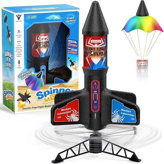 Rocket Launcher for Kids Automatic Launch 200 Feet Air Rocket Toy for Boy 10 Years Old Motorized Air Rocket with Safety Parachute and LED Outdoor Rocket Kits Toys Gifts for Kids Age 5-12
