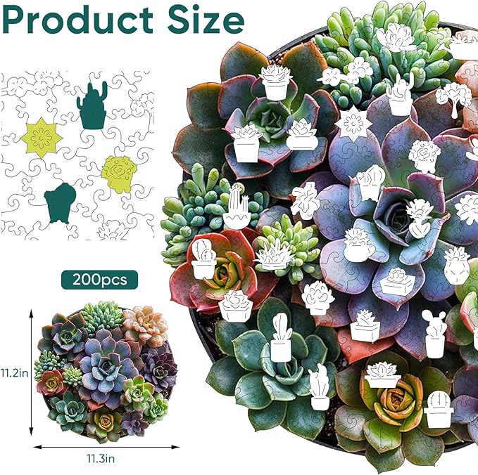 Succulent Wooden Puzzle Adult,200 Pieces Round Mandala Plants Puzzles,Extra Thick 5MM,Unique Shaped Liberty Jigsaw Puzzles for Adults and Kids, Family Game,Birthday Gifts,11.2x11.2 Inches