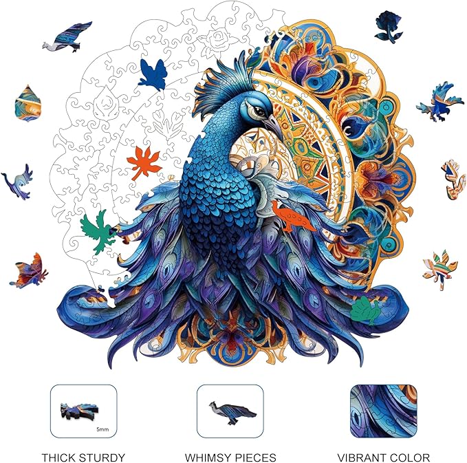 Blue Peacock 200 Pieces Wooden Jigsaw Puzzles for Adults with Unique Irregular Shape Fun Challenging Bird Puzzles for Kids and Couples on Birthday,Children’s Day,Christmas 11.2" x 11.2"