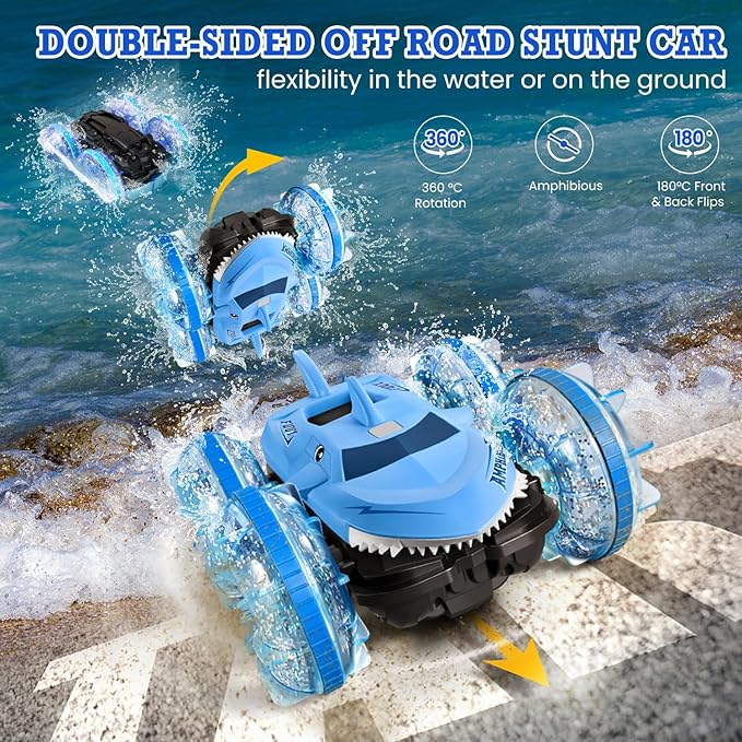 Amphibious Waterproof Remote Control Boat RC Car Monster Truck with Lights 4WD Gesture Hand Controlled Water Beach Pool Toys Kids Gifts for Boys Pool Toys Blue