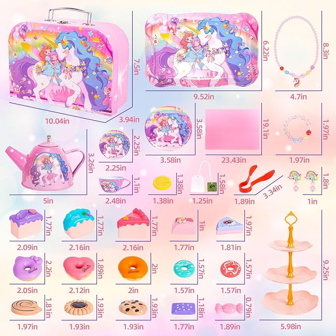 Unicorn Tea Party Set for Little Girls, Toddler Princess Toy Tea Set, Pretend Play Teapot Dessert Tea Cup Set Food Kitchen Playset, Birthday Unicorn Gift for 3 4 5 6 7 8 Year Old Girl