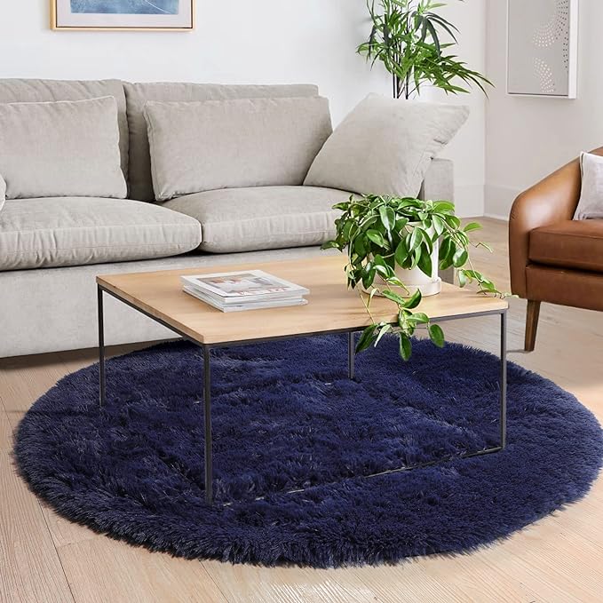 Dark Navy Round Rugs 5Ft for Teen Boys Bedroom, Washable Fluffy Shag Fuzzy Plush Circle Area Rug for Kids Room, Living Room Decor Aesthetic, Indigo Furry Cool Dark Blue Carpet for Dorm Baby Nursery