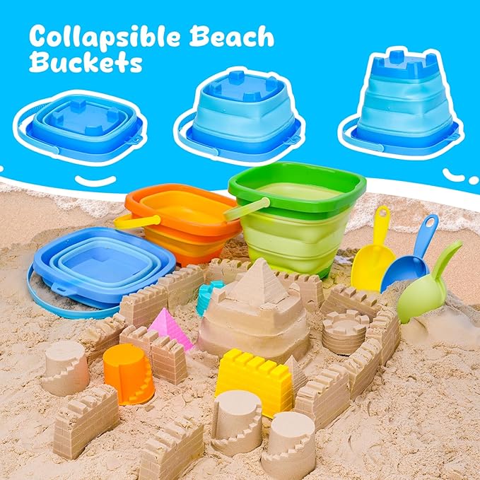 Collapsible Beach Toys Sand Toys for Toddlers 1-3, Beach Toy Sand Toy for Kids Ages 4-8, Collapsible Beach Sand Buckets Toys for Kids, Sandbox Toys for Toddler with Castle Sand Mold Shovel