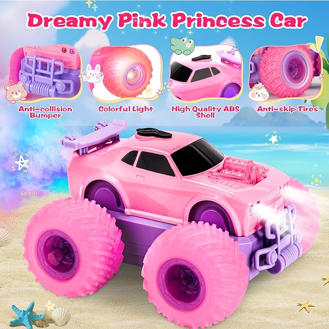 Pink Remote Control Car for Girl, 4WD RC Stunt Car with DIY Sticker, Headlight, Flashing Wheel Light, Rotation, Spin and Spray, Toy Cars for Girl Age 4-6 6-8 Birthday Gift