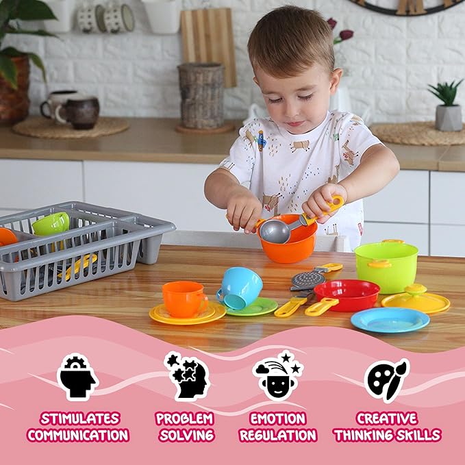 Play Dishes for Kids Kitchen | Pretend Play Kitchen Dishes Set with Drainer | Toy Dishes Kit | Pretend Dishes Cookware Set | Fun and Colorful | Childrens Durable Tableware Playset (33 Pcs)