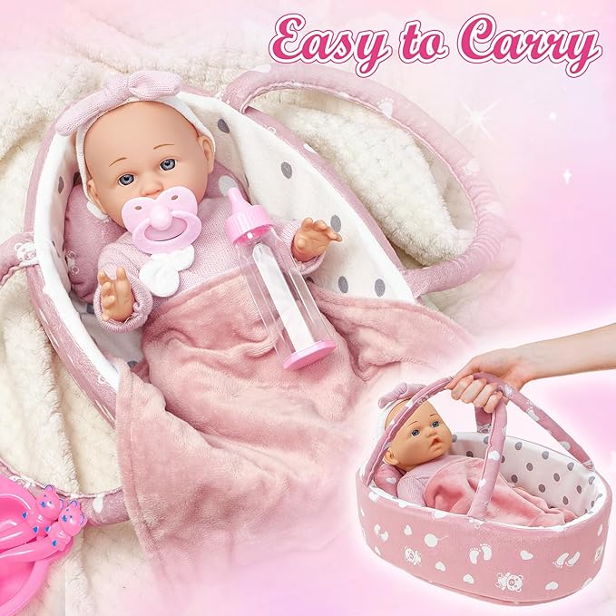 Golray 12" Soft Baby Doll Set with Accessories Bassinet Carrier, 13 Pcs First Toddlers Realistic Baby Doll Crib with Pillow/ Clothes/ Feeding Kit, Pretend Play Toy Birthday Gift for Girls Ages 3 4 5 6