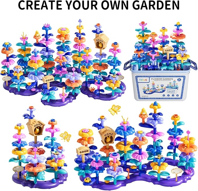 TEMI 165 PCS Flower Garden Building Toys for Toddler, Educational STEM Toy and Preschool Garden Play Set for Toddlers 3 4 5 6 7 Year Old Kids Boys Girls, Flower Stacking Toys for Kids Age 3-8