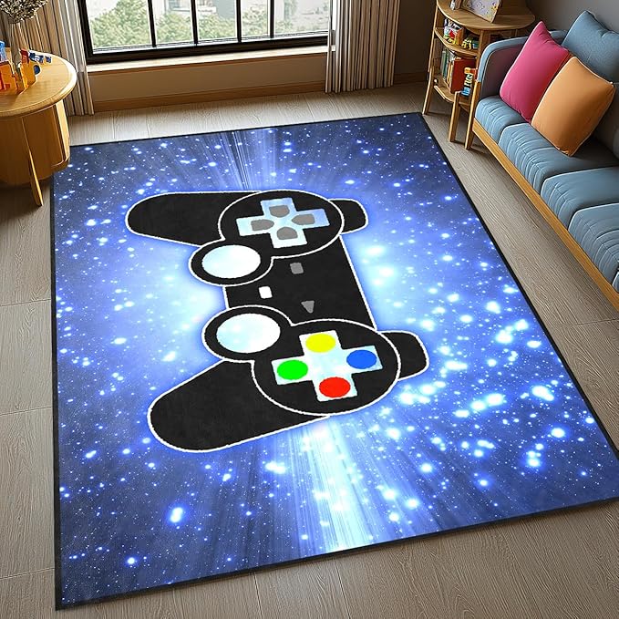 Game Video Gamepad Rugs, Boys Gamer Theme Carpets, Modern Gaming Space Blue Starry Sky Printed Large Carpets for Bedroom Living Room Mat Gaming Room Home Decor Mat
