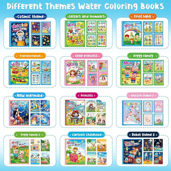Qeeenar 18 Pack Water Coloring Books for Toddlers Reusable Water Books with Pens, Mess Free Coloring for Toddlers Animal Underwater Themed Painting Doodle Book