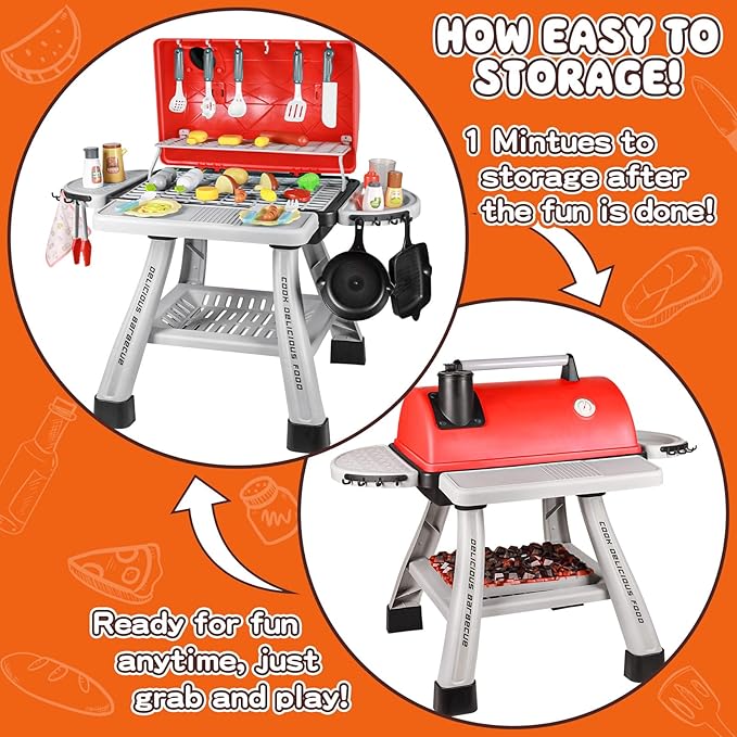 2025 Kids Play Kitchen Toy Grill BBQ Kitchen Playset Outdoor Toy with Smoke Light Outside Pretend Play Food Toys Cooking Set 2-Layer Barbecue Gifts for Toddler Boys Girls 3-5 6 7 8