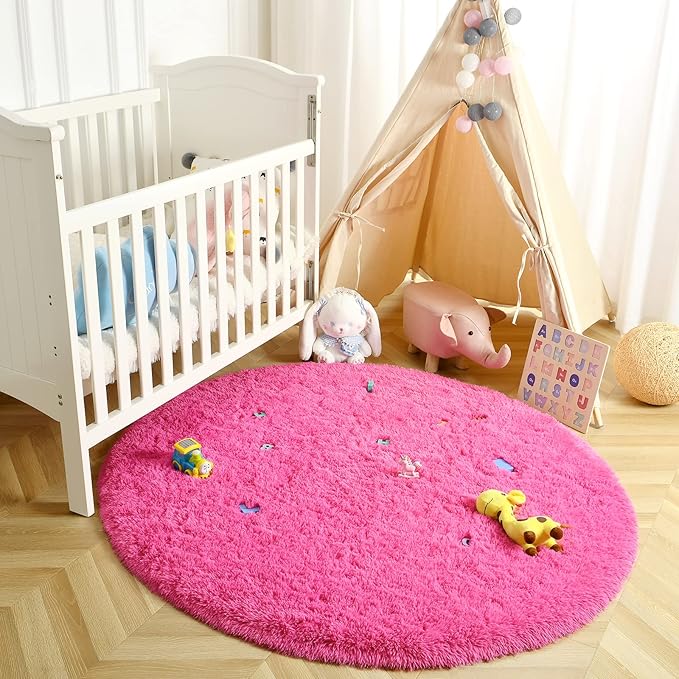 LOCHAS Luxury Round Fluffy Area Rugs for Bedroom Kids Girls Room Nursery, Super Soft Circle Rug, Cute Shaggy Carpet for Children Living Room, 4x4 Feet Hot Pink