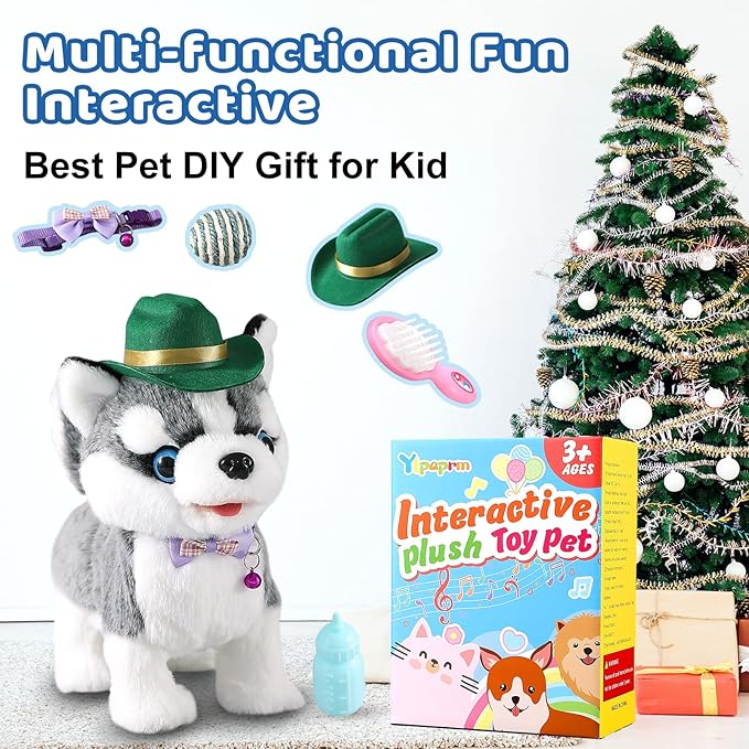 Walking Husky Barking Dog Toy for Child Kid Licking Talking Dog with Leash, Interactive Puppy that Barks Tail Wagging Plush Robot Dog Singing Electric Pet Pretend Dog Dress Up Christmas Boy Girl Gift