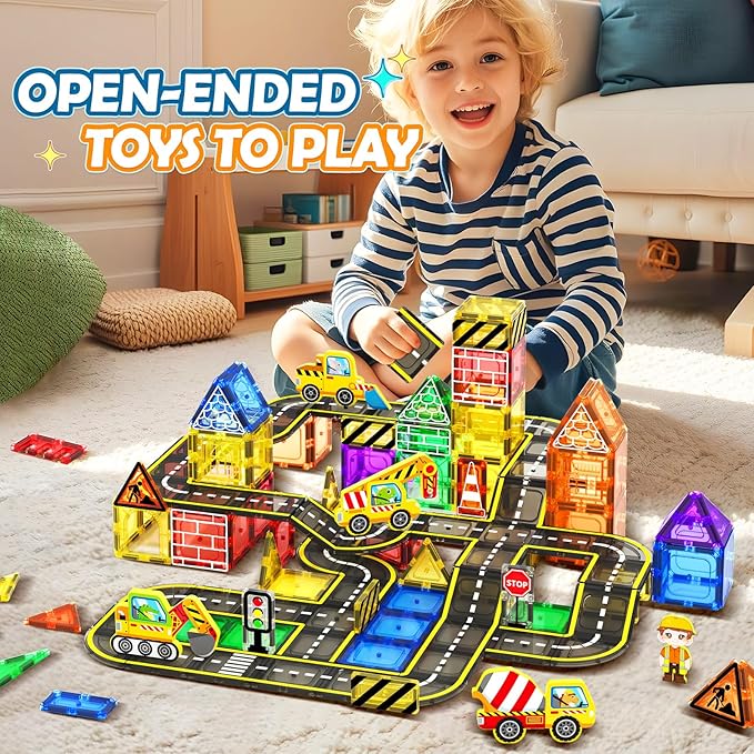 102 PCS Magnetic Tiles Construction Toys Magnet Building Toys for Boys and Girls Ages 3-5 5-7 8-10, STEM Sensory Toys Creative Play Includes Roads, Vehicles, Dolls, Traffic Signs and Construction Sign