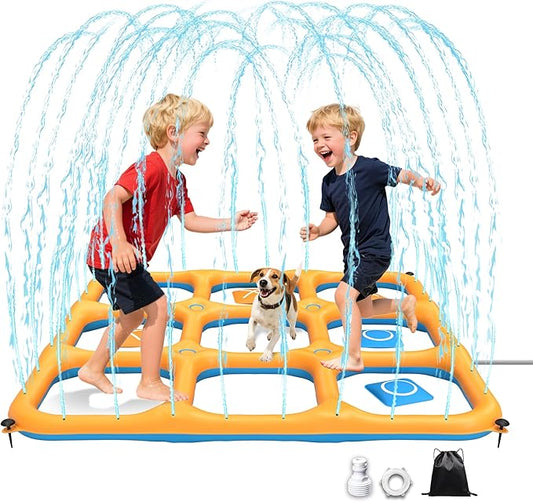 JOSEN Sprinkler for Kids, 60" x 60" Outdoor Water Play Splash Pad with Tic Tac Toe Game for Kids & Adults - Summer Backyard Fun, Giant Sprinkler Water Toy for Family Parties - Orange