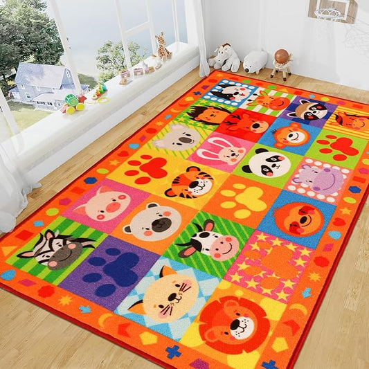 Cute Animal Classroom Rug, 110.2"X78.7" Non-Slip Educational Kids Carpet for Playroom, Washable Preschool Rug for Elementary, Nursery