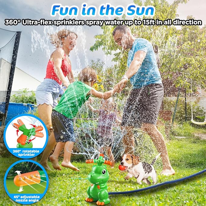 4-in-1 Dinosaur Water Sprinkler Baseball Toys,360° Spinning Water Play Game, Water Baseball, Water Splashing Toy for Kids Outdoor, Summer Backyard Lawn Pool Party Fun for Boys Girls (Green)