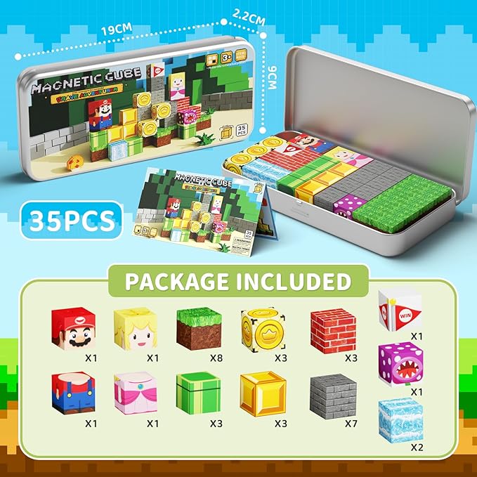 Mini Magnetic Blocks, Travel Magnet Building Blocks for Toddlers, 35 PCS Magnetic Building Toys with Portable Iron Box STEM Educational Magnet Toys for Kids Ages 3 4 5 6 7 8 Year Old Boys Girls