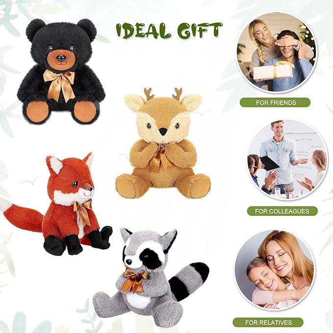 Woodland Stuffed Animal Jungle Animal Toy Set Including Plush Elk Fox Raccoon Black Bear Realistic Toy Woodland Forest Animals Mini Plush Wild Animals Toys