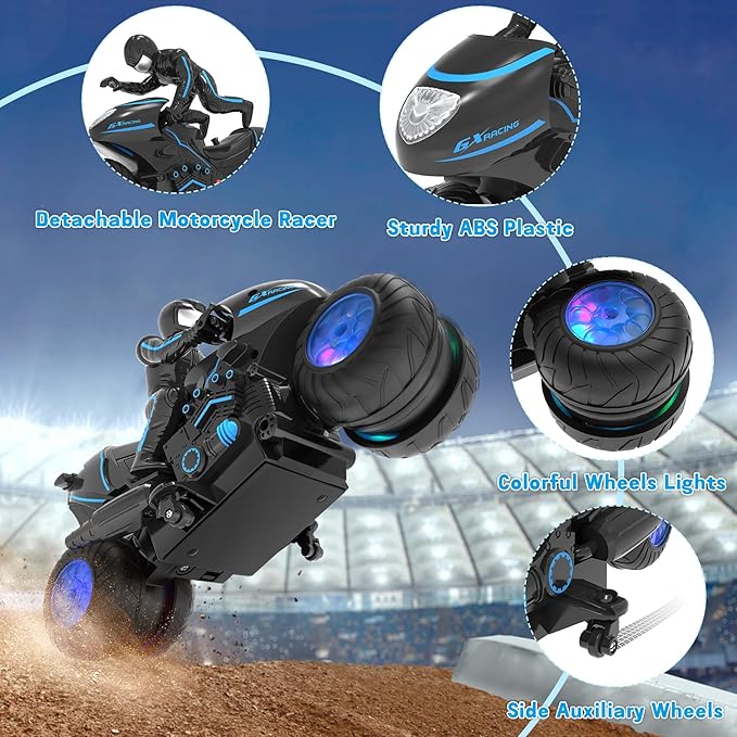 RC Motorcycle, Remote Control Motorcycle with RGB Wheels Lights - 360-degree Rotations, Drifts, High-Speed, RC Car Dirt Bike Toy for Boys 4-7 8-12 Years Kids