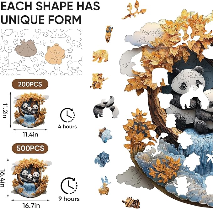 Wooden Puzzle for Adults - 3D Panda Wooden Jigsaw Puzzles 500 Piece, Unique Shaped Animal Challenging Puzzles, Exquisite Packaging, Best Gift for Family Friends 16.5x16.5 in