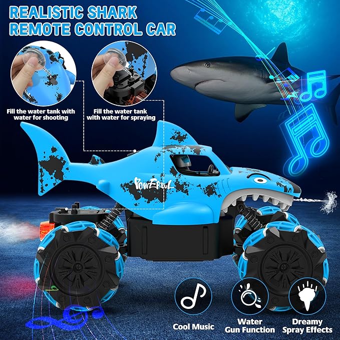 1:14 Shark Toy with Water Shooting Spray, Programming Remote Control Shark, Slides, 360-degree Rotations, Drifts, One-key Demo, Features Lights & Sounds, All Terrains Monster Truck for boys 5-7(Blue)