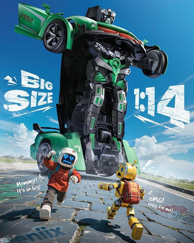 V992 Transform Remote Control Car,Transform Robot RC Cars,1:14 Scale,2-in-1 Robot Toy Car with Sound & Light Effects,Gesture Sensing,Automatic Deformation,Gift Toys for Boys and Girls (Green)