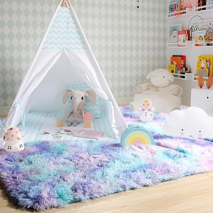 Amdrebio Purple Rainbow Rugs for Bedroom Girls Room Decor, Soft Fluffy Cute Area Rug 4x6 for Kids Room Playroom Nursery Dorm, Mermaid Stitch Frozen Fuzzy Carpet, Plush Kawaii Furry Baby Toddler Rug