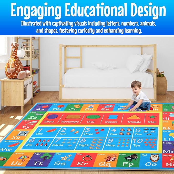 Hudson Comfort Classroom Rug 9x12 - Rugs for Elementary, Daycare, Nursery, and Playroom - Super Soft Non-Slip Carpet - Kids Fun Floor Mat for Playtime (Alphabet)