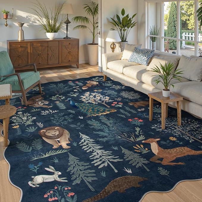 Lahome Jungle 8 x 10 Area Rugs for Living Room, Soft Large Area Rug Washable Dining Room Rug Ultra-Thin, Neutral Print Indoor Non Slip Carpets for Bedroom Nursery Office (Blue, 8'x10')