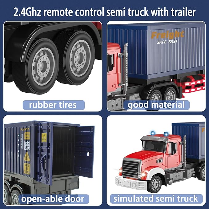 Mostop RC Semi Truck with Trailer - 22.5 Inch Remote Control Semi Truck Toy for Kids, 1:24 Scale Container Truck with 2 Batteries, Carrier Van Transport Vehicle with LED Light & Music,Great Gift