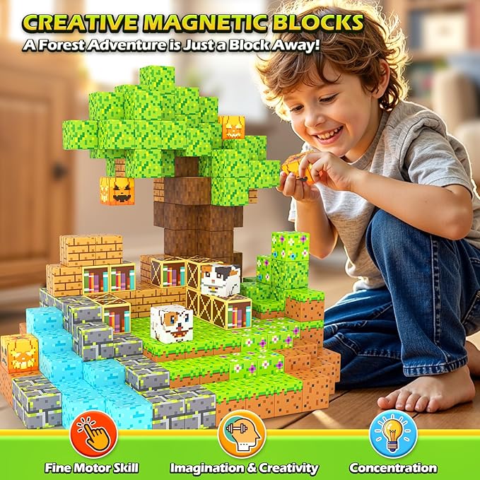 Magnetic Blocks - 100PCS Build Mine Magworld Forest Cottage Set, Kids Building Toys for Boys Girls Age 3-5 4-8 5-7, Construction Craft Sensory Toys Birthday Easter Gifts for 3+ Years Old