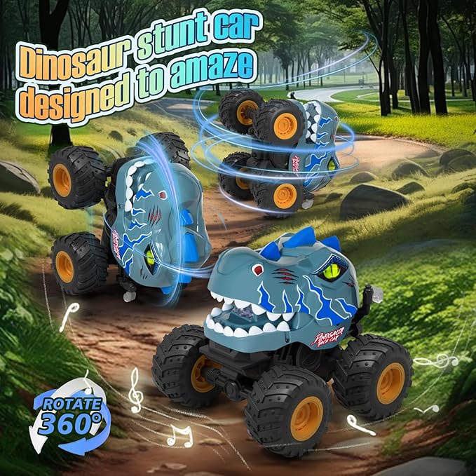 Dinosaur Remote Control Car for Boys 4-7, 360° Rotating Stunt Vehicle, 2.4GHz All Terrain RC Monster Truck Toys with Spray, Light & Sound for Kids 8-12, Birthday Gift for Boys (Grey)